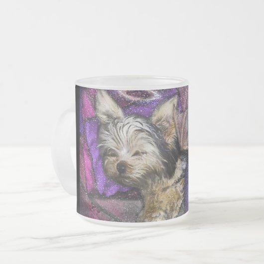 Tiny Yorkie Sleeping Angel Halo Memorial Art Mattglastasse (Vorderseite Links)