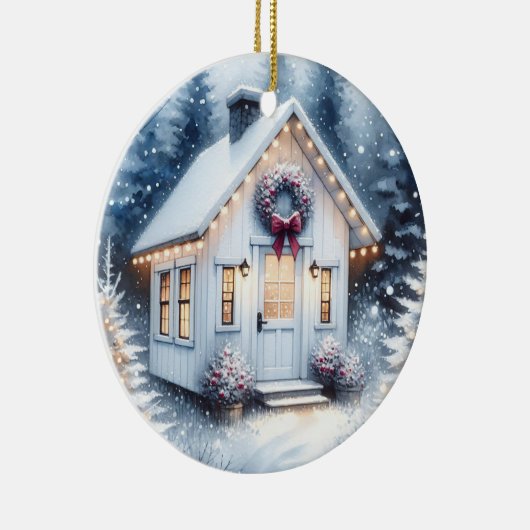 Tiny Zuhause in einem zauberhaften Winterwald Weih Keramik Ornament (Rechts)