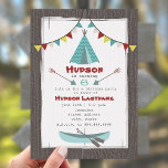 Tipi Birthday Party Invitation Red   Turquoise Einladung<br><div class="desc">A girls birthday party invitation featuring a rustic camping theme.  Invite has an illustration of a turquoise tipi with chevron design at top and a turquoise canoe at bottom.  Invite also features bunting at top and a wood inspired background.  Personalize the text with details of your occasion.</div>