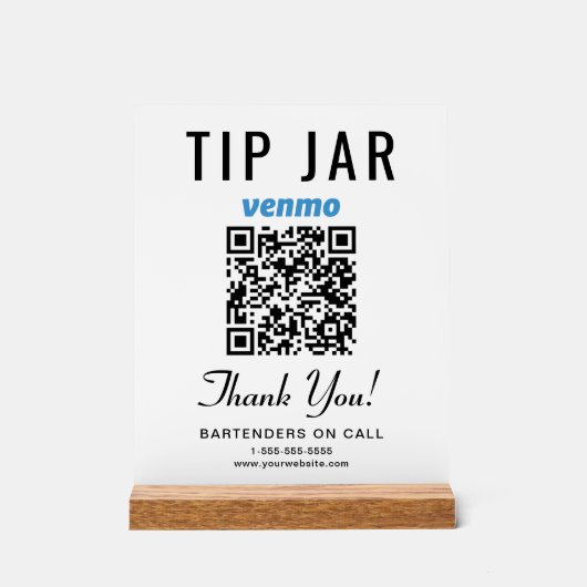 Tipp Jar Venmo QR Code Weiß Acrylschild (Vorderseite)
