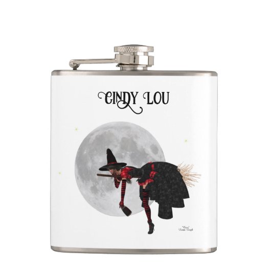 Tipsy Hexe auf Flying Broom Drink Flasche Flachmann (Vorderseite)