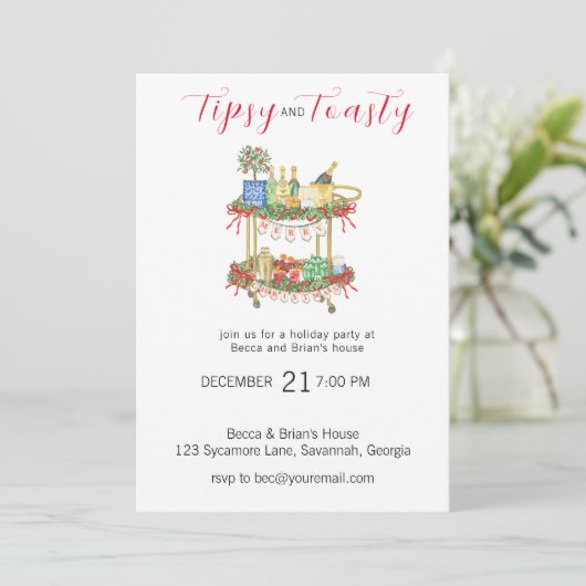 Tipsy & Toasty Red Bar Christmas Party Einladung (Stehend Vorderseite)