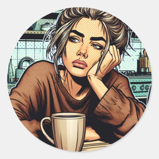 Tired Lady mit Kaffee | Comic Buch Pop Kunst Runder Aufkleber (Vorderseite)