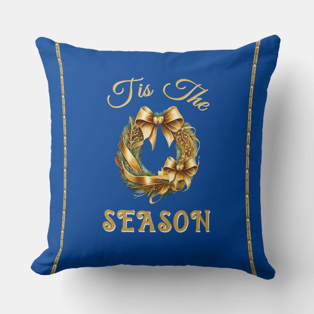 "Tis The Season" Blue Gold Wreathe Kissen (Vorderseite)