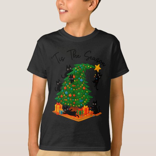 Tis The Season Christmas Tree Cute Black Cat Match T-Shirt (Vorderseite)