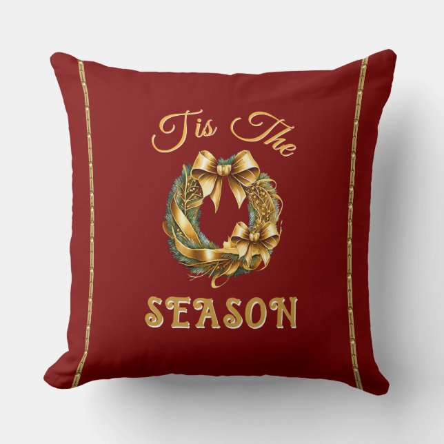 "Tis The Season" Red Gold Wreathe Kissen (Vorderseite)
