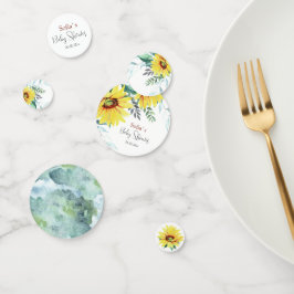 Tisch Confetti für Babydusche mit Sonnenblumen. Konfetti