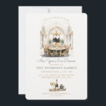 Tisch im Speisesaal | SILVESTER Einladung<br><div class="desc">Laden Sie Ihre Freunde und Familie zu einem Abendessen in diesem Silvesterabend mit dieser schönen Party Einladung ein. Diese Einladung hat ein Aquarellbild eines formellen Speisesaals mit schwarz-goldenen Neujahrsdekorationen. Die verwendeten Farben sind schwarz, gold und braun. Der Boden hat etwas Wein / Champagner und einen festlichen schwarzen und goldenen Kuchen....</div>