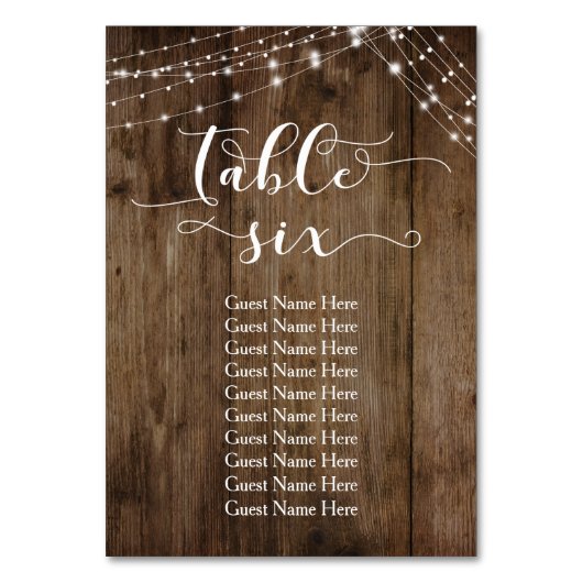 Tisch Sechs für Holz und Leuchten mit Gästekarte Tischnummer (Vorderseite)
