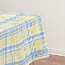 Tischdecke mit blauen und gelben Linien und Karos