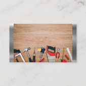 Tischlerwerkzeuge auf Holztisch | Metallveredelung Visitenkarte (Rückseite)