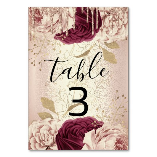Tischnummer 3 Tropfen Florals Rose Marsala Burgund (Rückseite)