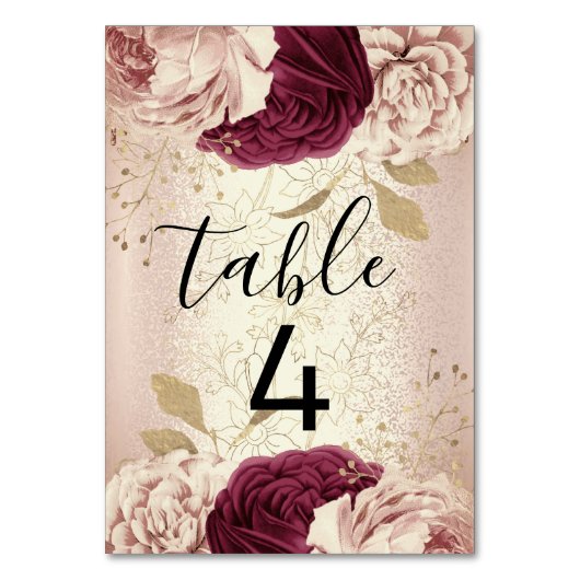 Tischnummer 4 Florals Rose Gold Marsala Burgund (Vorderseite)