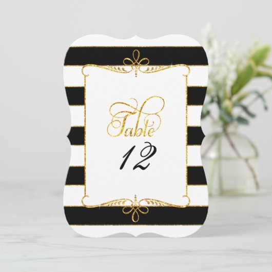 Tischnummer Black n White Script Gold Glitzer (Stehend Vorderseite)