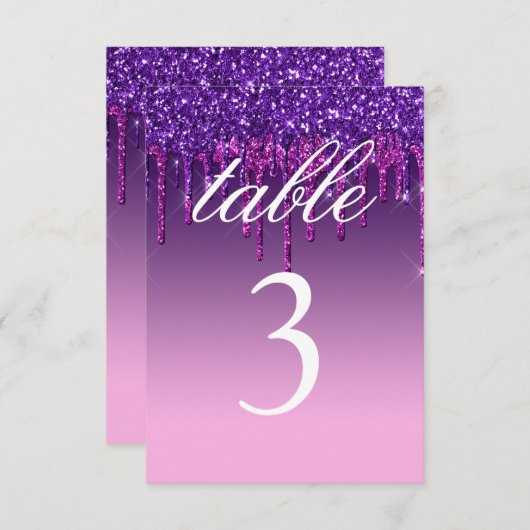 Tischnummer Card - Lila & rosa Glitzer Tropfen (Vorne/Hinten)