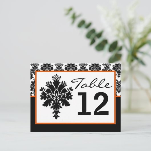 Tischnummer Card Schwarzer Orange Damask Lace Prin (Stehend Vorderseite)