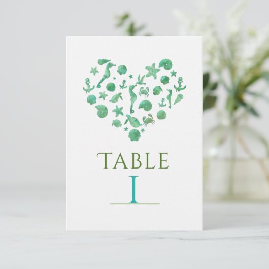 Tischnummer Cards für grüne Wasserfarben am Strand (Stehend Vorderseite)