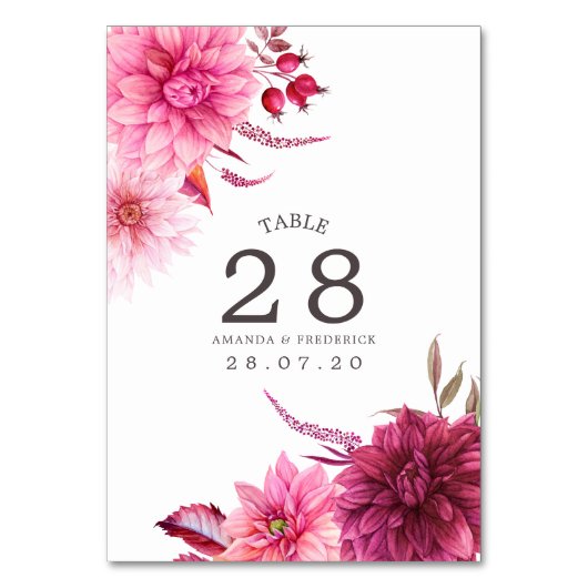 Tischnummer der Burgund-Blush-Hochzeit im Herbst (Vorderseite)