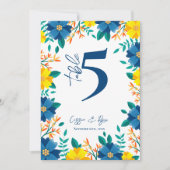 Tischnummer der Hochzeitsfeier in Gelb und Blau (Vorderseite)