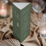 Tischnummer des eleganten Dark Sage Green Menüs<br><div class="desc">Dreifaches Hochzeitsmenü & Tischnummer: Alles in einem, falten Sie das Blatt in 3, um Ihre stehende Speisekarte zu erhalten. Eine moderne Typografie und eine trendige, schlanke grüne Farbpalette für Ihre Hochzeitsfeier: Wählen Sie diese einfache und elegante Hochzeitssuite. Vollständig anpassbar: Sie können sowohl den Hintergrund als auch die Textfarbe beliebig ändern....</div>