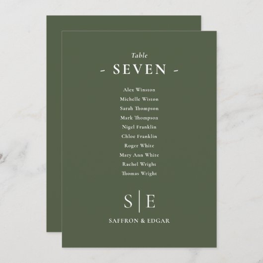 Tischnummer des monogramm-Olive-Green-Sitzplans (Vorne/Hinten)