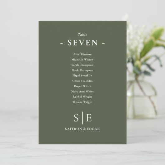 Tischnummer des monogramm-Olive-Green-Sitzplans (Stehend Vorderseite)