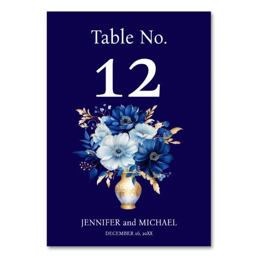 Tischnummer für Hochzeiten in Navy Blue und Gold (Vorderseite)