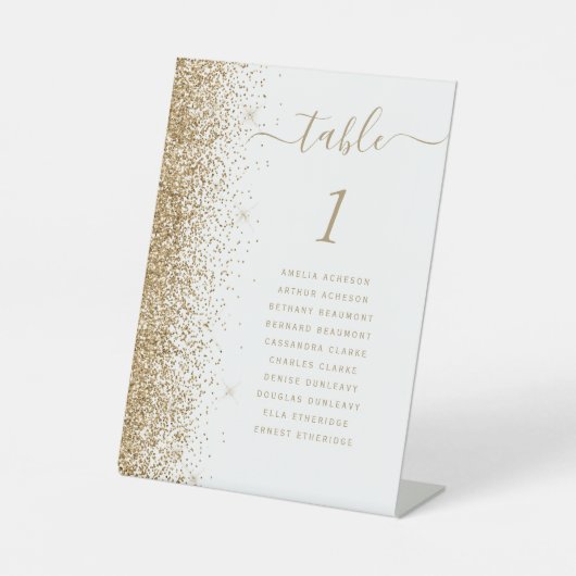 Tischnummer für Hochzeiten in Weiß- und Gold-Glitz Sockelschild (Vorderseite)