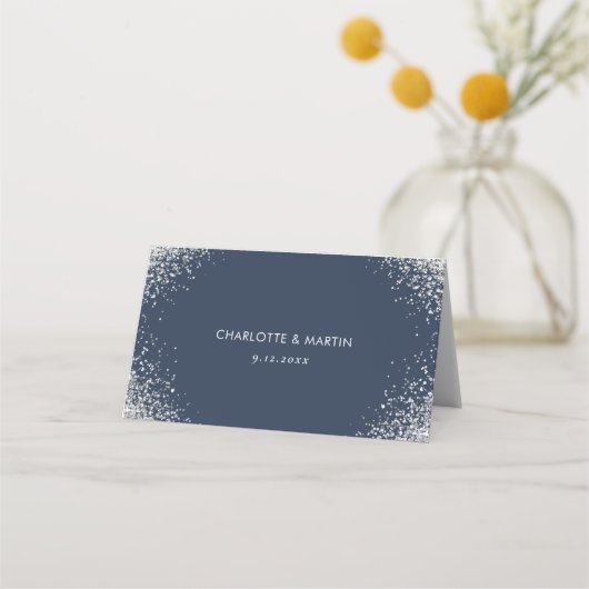 Tischnummer für Hochzeitssitze in Navy Blue und Si Platzkarte (Rückseite)