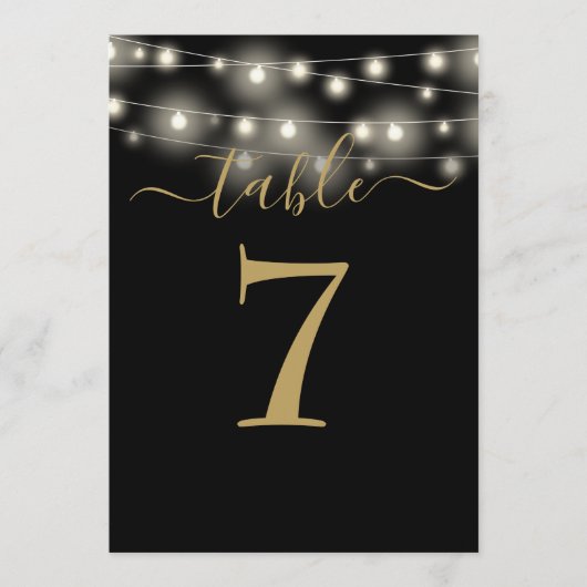 Tischnummer für schwarze und goldene String-Lights (Vorderseite)