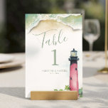 Tischnummer für Wasserfarben-Jupiter-Leuchtturm<br><div class="desc">Diese Tischnummer zum Thema Strand wurde entworfen, um sich mit der Hochzeitssuite Do Tell A Belle's Ufer Jupiter Leuchtturm zu koordinieren. Sie zeichnet sich durch eine Nachbildung meiner originalen Aquarellkunst in Rot-, Türkis- und Grün-Tönen aus, mit Ihrer Tischnummer, Ihren Namen und Ihrem Hochzeitsdatum. Ideal für Hochzeitsfeiern, Proben und Brautparty mit...</div>