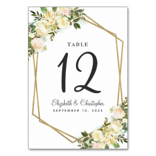 Tischnummer Hochzeit White Floral Gold Geometric