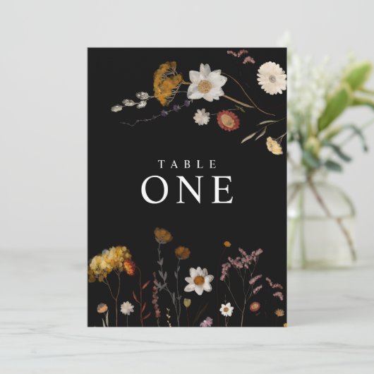 Tischnummer-Karten der schwarzen Wildblume Einladung (Stehend Vorderseite)