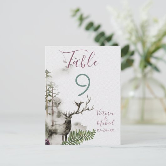 Tischnummer-Karten für den Wald, Aquarellwald Postkarte (Stehend Vorderseite)