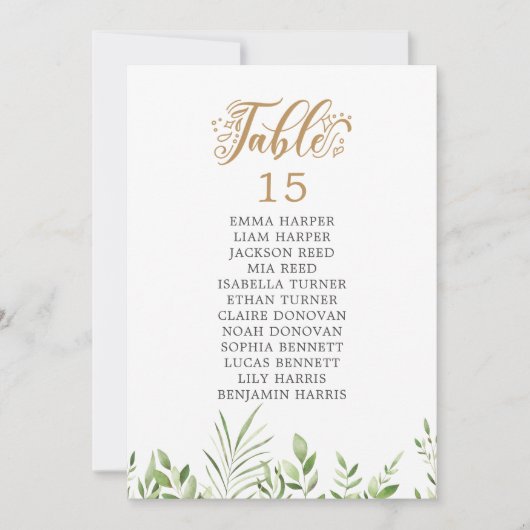 Tischnummer-Kartenkarten für goldene Grünpflanzen (Vorderseite)