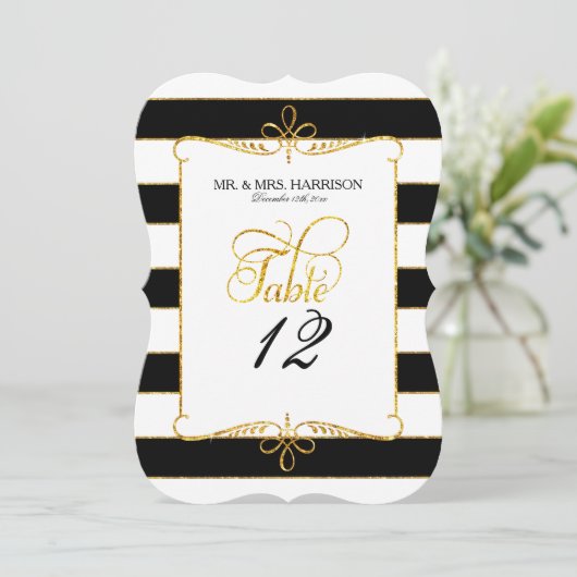 Tischnummer-Namen Striptes Skript Gold-Glitzer Einladung (Stehend Vorderseite)