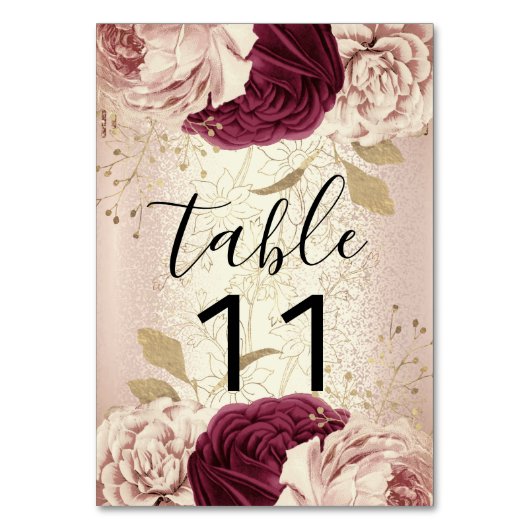 Tischnummer Pink Florals Rose Gold Marsala (Rückseite)