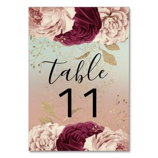 Tischnummer Pink Florals Rose Gold Marsala Blue (Vorderseite)