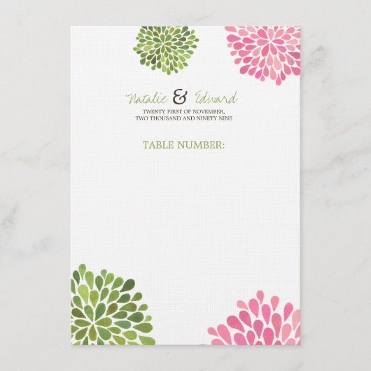 Tischnummer-Platzkarte-u. Hochzeits-Menü-Blüte Menükarte (Vorderseite)