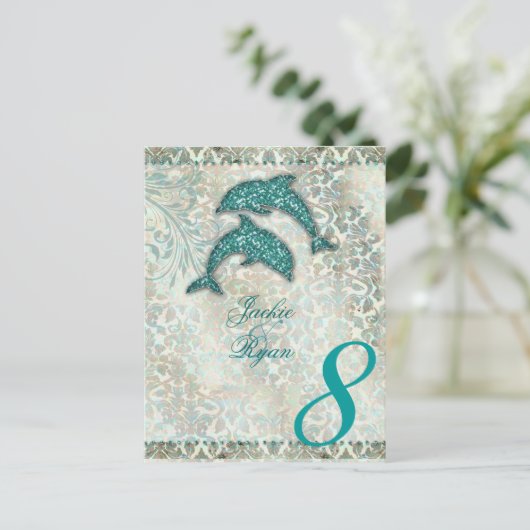 Tischnummer Postcard Beach Wedding Dolphin (Stehend Vorderseite)