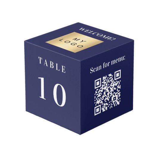 Tischnummer QR-Codeliste blaues Firmenlogo Würfel (Vorderseite Schrägansicht)