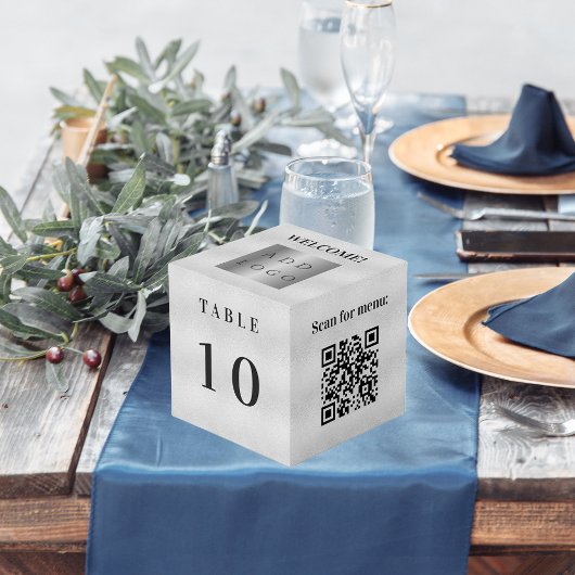 Tischnummer QR-Codeliste Silber Firmenlogo Würfel