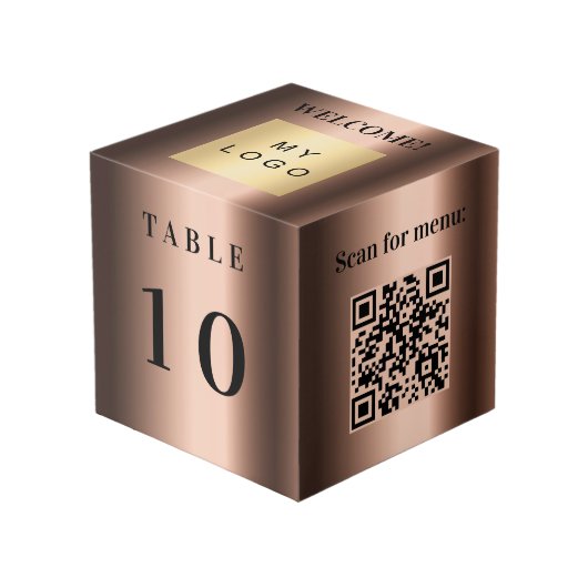Tischnummer QR Codelmenü Bronze-Firmenlogo Würfel (Vorderseite Schrägansicht)