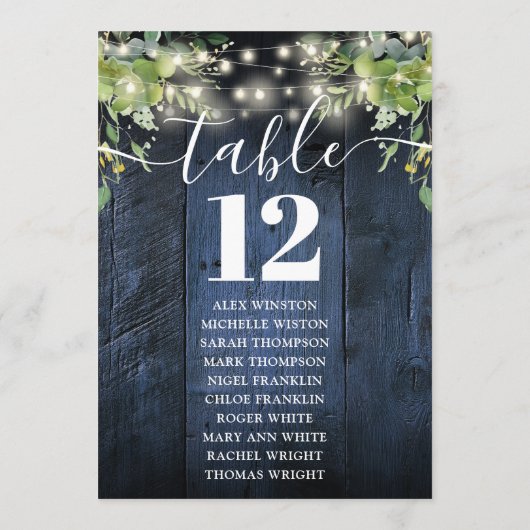 Tischnummer-Sitzdiagramm für blaues Holz Einladung (Rückseite)