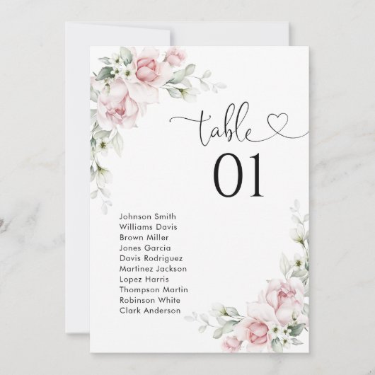 Tischnummer-Sitzplan mit rosafarbenen Rosen (Vorderseite)
