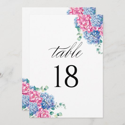Tischnummer Wasserfarbe Rosa und Blaue Hydrangea (Vorne/Hinten)