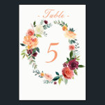 Tischnummer Watercolor Fall Garden<br><div class="desc">Blume in Bordeaux,  Korallen,  Gold,  Rot und Pfirsichfarben Tischnummer Card. Stil,  Farbe und Größe des Schriftartes können personalisiert sein. Auch die Hintergrundfarbe kann individuell angepasst werden. Entsprechende Artikel finden Sie in unserer Fall Garden Floral Collection.</div>