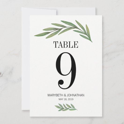 Tischnummer Watercolor Greenery Leaf Wedding Card (Vorderseite)