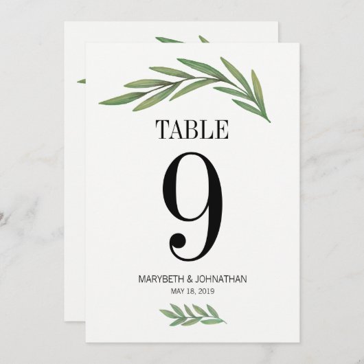 Tischnummer Watercolor Greenery Leaf Wedding Card (Vorne/Hinten)