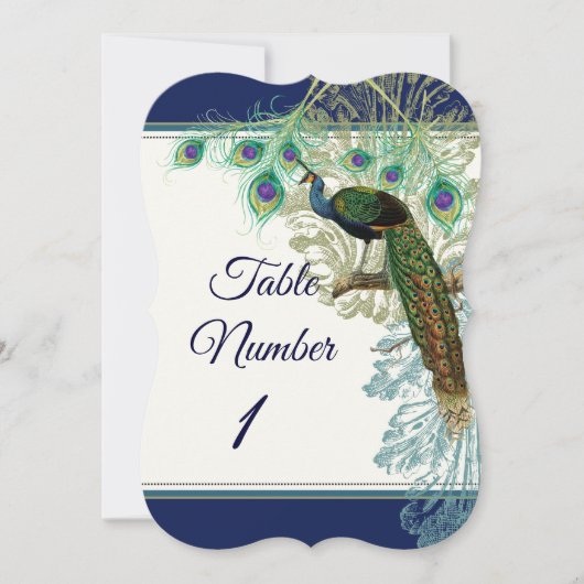 Tischnummer Wedding Vintag Peacock Feather Navy (Vorderseite)